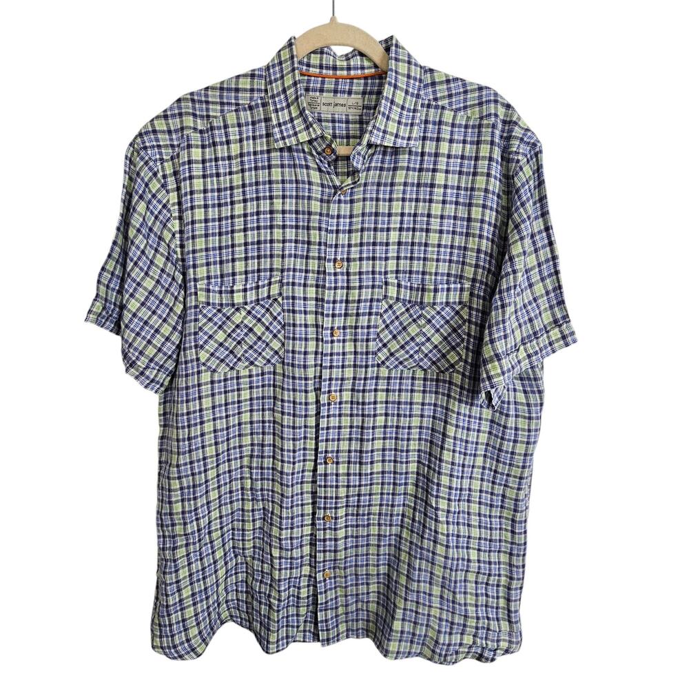 Scott James Mens 100% Linen Plaid Shirt L Coastal Resortwear Summer Travel Beach